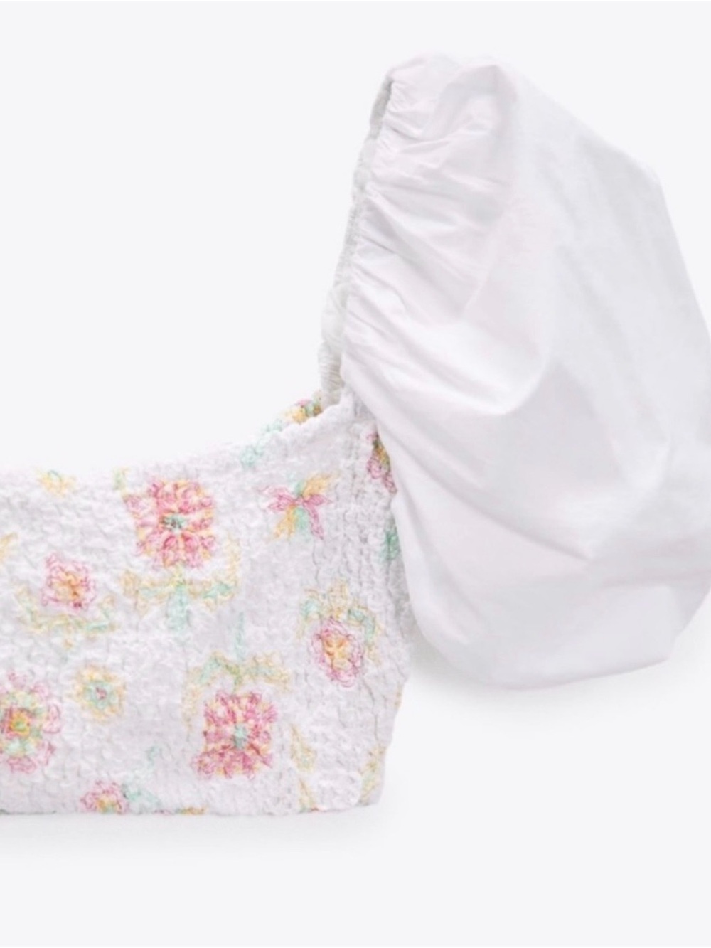 Zara White Smocked Cropped Tank with Pastel Floral Embroidery - Picture 3 of 5